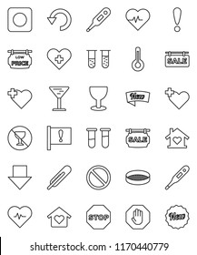 thin line vector icon set - sieve vector, arrow down, heart pulse, prohibition sign, no alcohol, cross, attention, glass, rec button, thermometer, vial, undo, stop, sale signboard, low price, new