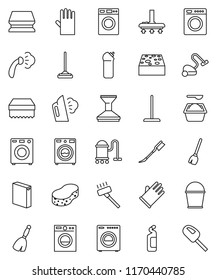 thin line vector icon set - broom vector, vacuum cleaner, mop, bucket, sponge, car fetlock, steaming, washer, washing powder, cleaning agent, rubber glove