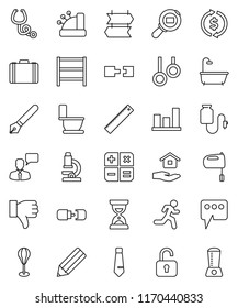 thin line vector icon set - toilet vector, house hold, mixer, pen, pencil, ruler, microscope, exchange, graph, case, sand clock, tie, punching bag, gymnast rings, run, cargo search, shelving, bath