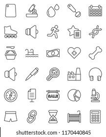 thin line vector icon set - washing powder vector, ladle, cutting board, pen, microscope, compass, pie graph, cash, calendar, shorts, roller Skates, bone, run, speaker, headphones, link, heart cross