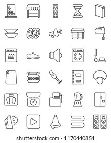 thin line vector icon set - towel vector, steaming, toilet brush, washing powder, cutting board, mixer, blender, plates, mushroom, copybook, bell, scales, snickers, traffic light, document, speaker
