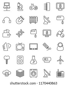 thin line vector icon set - steaming vector, mixer, magnet, flask, monitor dollar, satellite, antenna, gamepad, headphones, speaker, dna, microscope, tooth implant, notebook network, cloud exchange