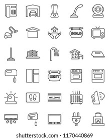 thin line vector icon set - vacuum cleaner vector, mop, welcome mat, steaming, house hold, dry cargo, tv, cottage, garage, rent signboard, sold, office building, bath, power plug, iron, siren, mixer