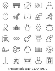 thin line vector icon set - cleaner trolley vector, mop, splotch, apron, school building, scissors, exchange, manager, calendar, jump rope, fitball, shorts, swimsuite, run, ship, speaking man, eye
