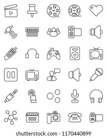 thin line vector icon set - cinema clap vector, film spool, microphone, satellitie, speaker, tv, gamepad, video camera, remote control, touchscreen, speaking man, headphones, classic phone, group