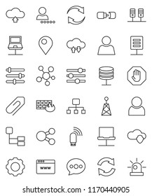 thin line vector icon set - antenna vector, social media, server, notebook network, cloud shield, exchange, browser, gear, equalizer, firewall, usb modem, share, message, refresh, upload, hierarchy