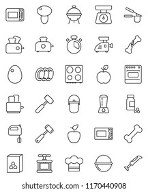 thin line vector icon set - plates vector, camping cauldron, scales, cook hat, timer, press, meat hammer, mixer, toaster, microwave oven, bbq, cereal, egg, mushroom, apple fruit, pills vial, bone