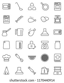 thin line vector icon set - pan vector, kettle, colander, measuring cup, scales, cook hat, towel, press, whisk, ladle, cutting board, turk coffee, toaster, oven, cookbook, sieve, jar, cereal, potato