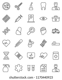 thin line vector icon set - liquid soap vector, heart pulse, doctor bag, ambulance star, thermometer, flask, vial, eye, dna, magnifier, syringe, crutches, scissors, sand clock, patch, pills bottle