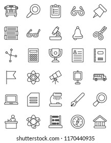 thin line vector icon set - book vector, copybook, pen, glasses, student, atom, telescope, microscope, bell, table lamp, calculator, notebook pc, clipboard, paper pin, compass, award cup, scissors