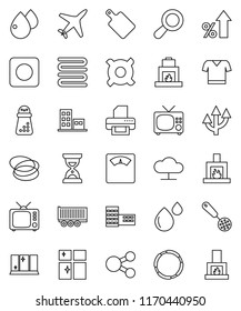 thin line vector icon set - shining window vector, towel, skimmer, cutting board, hand mill, school building, percent growth, sand clock, any currency, scales, t shirt, hoop, plane, truck trailer
