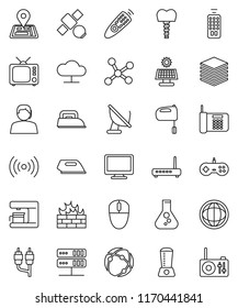 thin line vector icon set - mixer vector, world, flask, navigator, satellite, support, tv, remote control, monitor, rca, tooth implant, connection, network, server, cloud, big data, firewall, iron