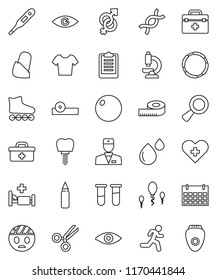 thin line vector icon set - measuring vector, clipboard, punching bag, fitball, t shirt, roller Skates, calendar, hoop, run, doctor, heart cross, thermometer, vial, eye, gender sign, dna, magnifier