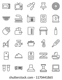 thin line vector icon set - cleaner trolley vector, fetlock, car, pan, colander, measuring cup, microwave oven, thermometer, dish, hand trainer, punching bag, disk, speaker, thumbtack, rca, vial, tv