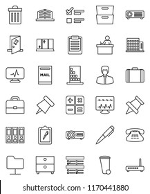 thin line vector icon set - trash bin vector, shining window, student, case, pen, clipboard, paper pin, archive, exam, manager, binder, classic phone, diagnostic monitor, medical room, mailbox