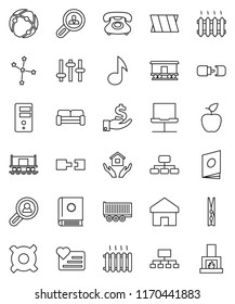 thin line vector icon set - clothespin vector, house hold, apple fruit, music, constellation, investment, hierarchy, any currency, heart monitor, Railway carriage, phone, truck trailer, settings