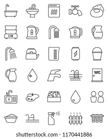 thin line vector icon set - soap vector, water tap, bucket, sponge, drop, bath, foam basin, sprayer, shower, closet, sink, kettle, measuring cup, double boiler, jug, enegry drink, pool, pond, filter