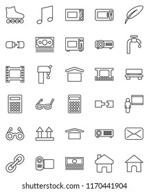 thin line vector icon set - microwave oven vector, pen, blackboard, glasses, calculator, music, cash, roller Skates, money, dry cargo, top sign, film frame, link, mail, home, bench, connection