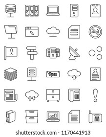 thin line vector icon set - notebook pc vector, document, archive, personal information, laptop graph, binder, no smoking, attention, satellite antenna, newspaper, network folder, server, cloud