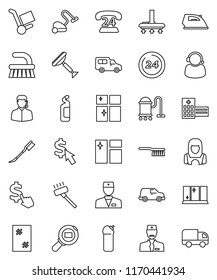 thin line vector icon set - scraper vector, vacuum cleaner, fetlock, car, window cleaning, iron, agent, shining, woman, dollar cursor, phone 24, cargo search, doctor, hospital building, hour