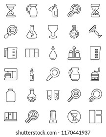 thin line vector icon set - scraper vector, shining window, oil, measuring cup, hand mill, spices, jug, jar, magnifier, flask, no alcohol sign, glass, cargo search, vial, sand clock, potion, estate