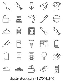 thin line vector icon set - camping cauldron vector, spatula, ladle, knife, grater, toaster, blender, dish, pen, award cup, magnet, gold ingot, safe, hand trainer, consolidated cargo, battery