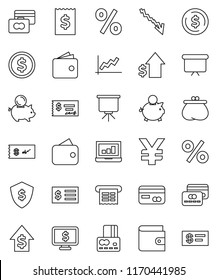 thin line vector icon set - presentation vector, dollar coin, graph, laptop, credit card, wallet, crisis, piggy bank, growth, check, receipt, board, shield, monitor, yen sign, percent