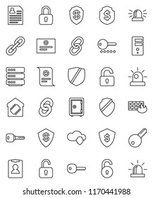 thin line vector icon set - certificate vector, personal information, dollar shield, safe, protected, link, cloud, big data, server, firewall, chain, unlock, key, siren, smart home, lock, password