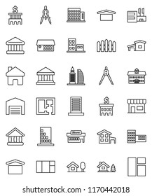 thin line vector icon set - university vector, school building, drawing compass, bank, dry cargo, hospital, home, cottage, chalet, barn, fence, plan, apartments, office, store, mall, window