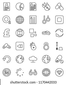 thin line vector icon set - toilet brush vector, glasses, world, personal information, pie graph, pound, pills, no fastfood, gymnast rings, oxygen, earth, music hit, stop button, backward, refresh