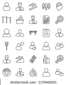 thin line vector icon set - student vector, manager, man, personal information, horizontal bar, stairways run, client, speaking, group, disabled, doctor, crutches, head bandage, user, login, search