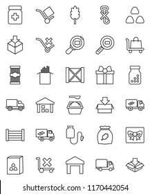 thin line vector icon set - washing powder vector, cereal, pasta, delivery, wood box, cargo, no trolley, hook, warehouse, package, search, pills bottle, drop counter, relocation truck, gift