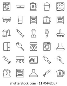 thin line vector icon set - vacuum cleaner vector, bucket, kettle, scales, oven, blender, air conditioner, fridge, washer, coffee maker, hood