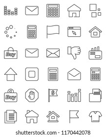 thin line vector icon set - calculator vector, flag, arrow up, dollar, document, equalizer, finger down, mail, stop button, browser, home, loading, house, buy, clothes