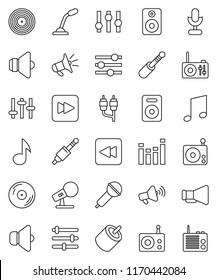 thin line vector icon set - music vector, disk, microphone, radio, speaker, loudspeaker, settings, equalizer, forward button, backward, rca, jack