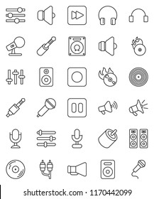 thin line vector icon set - disk vector, music hit, microphone, speaker, loudspeaker, settings, headphones, pause button, forward, rec, rca, jack, equalizer