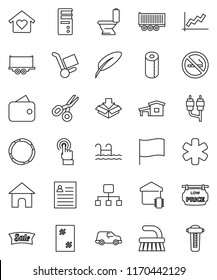 thin line vector icon set - fetlock vector, window cleaning, toilet, paper, pen, scissors, personal information, flag, graph, no smoking, hoop, truck trailer, car, touchscreen, rca, ambulance star