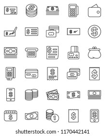 thin line vector icon set - credit card vector, cash, coin stack, check, receipt, dollar calendar, money, wallet, reader, tap pay