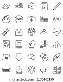 thin line vector icon set - soap vector, garbage pile, cookbook, cereal, mushroom, pen, table lamp, auction, arrow down, dollar calendar, boxing glove, medal, package, weight, flammable, music hit