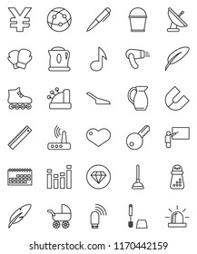 thin line vector icon set - plunger vector, scoop, bucket, toilet brush, hand mill, jug, pen, blackboard, ruler, magnet, music, yen sign, boxing glove, roller Skates, calendar, equalizer, internet