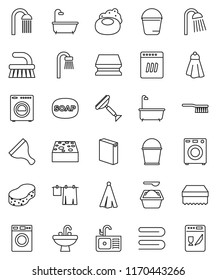 thin line vector icon set - soap vector, scraper, fetlock, bucket, sponge, towel, bath, drying clothes, washer, washing powder, shower, sink, dishwasher