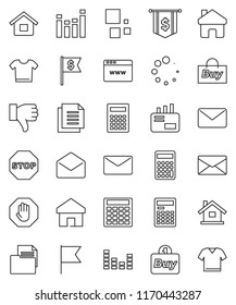 thin line vector icon set - calculator vector, flag, dollar, document, equalizer, finger down, mail, browser, home, loading, stop, house, buy, clothes