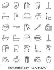 thin line vector icon set - soap vector, water tap, fetlock, mop, sponge, car, bath, toilet brush, liquid, paper, shower, sink, tooth, epilator