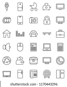 thin line vector icon set - plates vector, scales, case, calculator, skateboard, target, speaker, equalizer, internet, mobile phone, monitor, lock, cushioned furniture, baby stroller, fridge, camera
