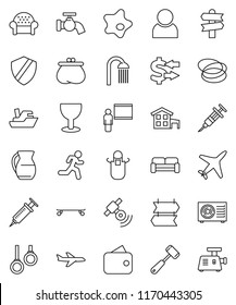 thin line vector icon set - water tap vector, splotch, shower, apron, meat hammer, jug, blackboard, exchange, skateboard, hoop, gymnast rings, run, signpost, plane, ship, glass, satellitie, syringe