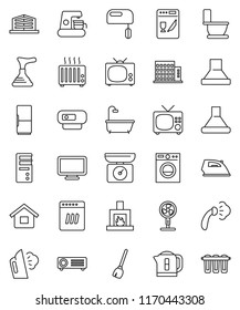 thin line vector icon set - plunger vector, broom, iron, steaming, toilet, house, apartments, office building, bath, fireplace, fridge, tv, washer, dishwasher, mixer, coffee maker, hood, monitor