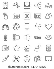 thin line vector icon set - disk vector, camera, microphone, satellitie, speaker, gamepad, tv, video, remote control, internet, mobile phone, touchscreen, speaking man, group, favorites, heart, jack