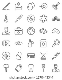 thin line vector icon set - rubber glove vector, school building, first aid kit, doctor bag, ambulance star, thermometer, eye, gender sign, magnifier, pregnancy, insemination, crutches, scissors