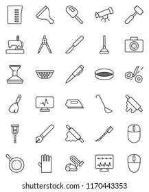 thin line vector icon set - plunger vector, scraper, broom, car fetlock, rubber glove, pan, colander, measuring cup, ladle, rolling pin, meat hammer, sieve, pen, drawing compass, telescope, crutches