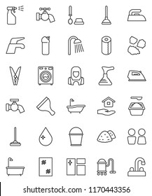 thin line vector icon set - plunger vector, scraper, water tap, vacuum cleaner, mop, bucket, clothespin, drop, window cleaning, iron, bath, toilet brush, washer, washing powder, sprayer, agent